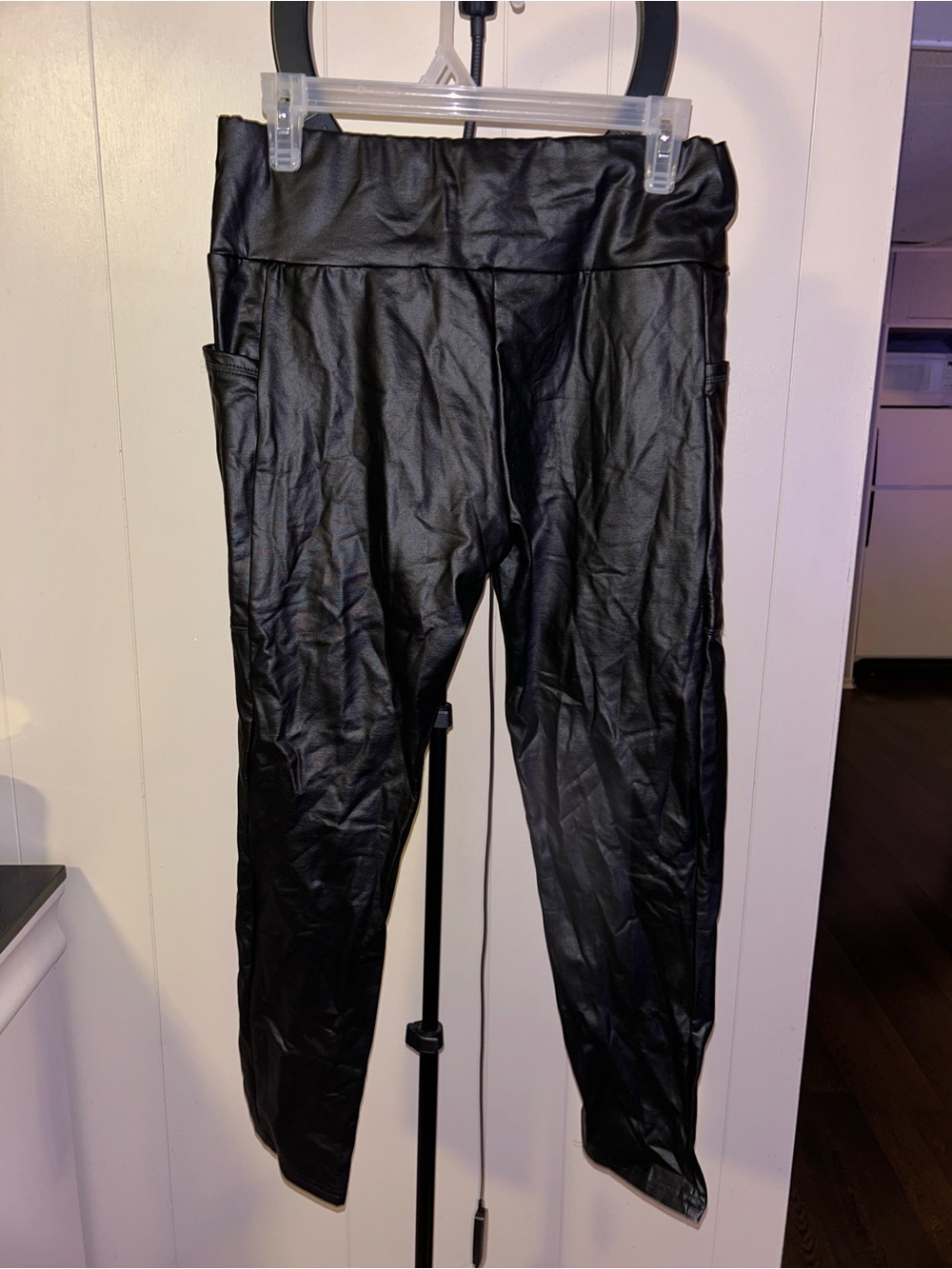 Black Faux Leather Leggings with Side Pockets
